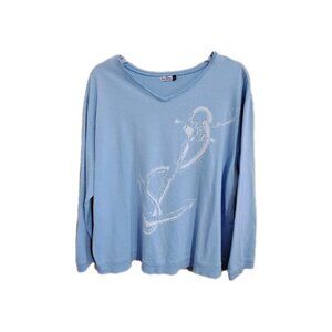 Sun Bay Women's 2XL Blue Long Sleeve Cotton Top Nautical Beach Anchor